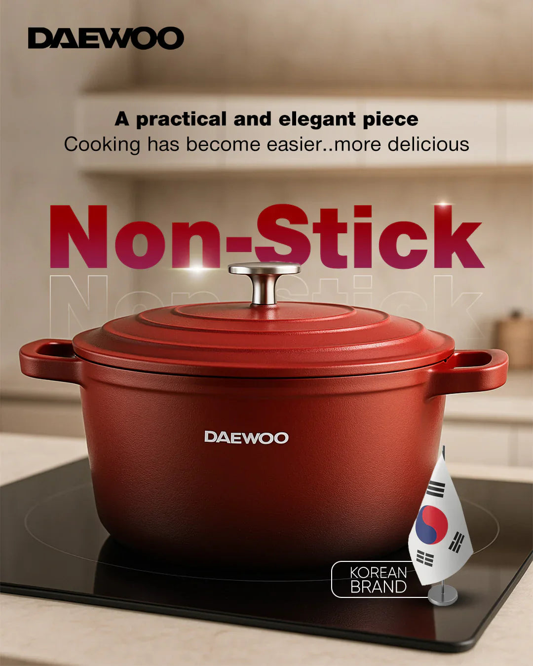 الطلب المسبق: قدر دايو 32 سم من الألومنيوم المصبوب مع غطاء - طلاء حجر الجرانيت غير اللاصق، قاعدة حثية كاملة، آمن للاستخدام في الفرن، خالٍ من المواد الكيميائية، لون أحمر - 9.5 لتر