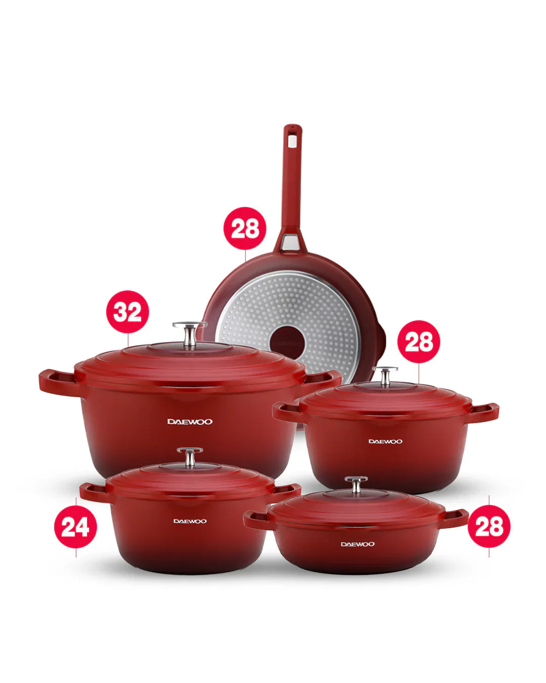 Daewoo Cast Aluminum 9-Piece Cookware Set (32cm Pot - 9.5L, 28cm Pot - 6.7L, 24cm Pot - 4.1L, 28cm Fry Pan - 2.5L, Red Shallow Casserole - 6.6L), 5-Layer Non-Stick Granite Coating, Silicone Utensils, Induction & Oven Safe, Chemical-Free