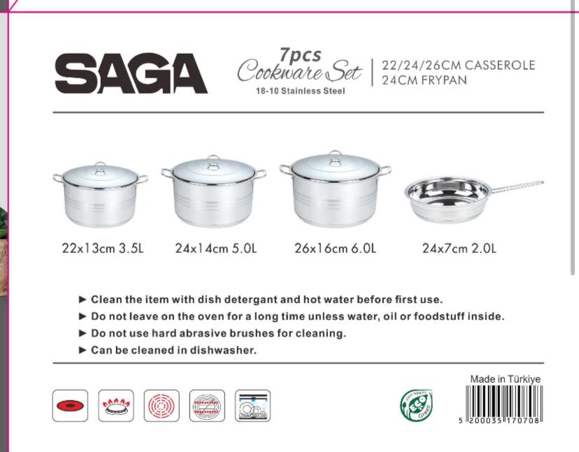 طقم أواني طهي فاخر من الفولاذ المقاوم للصدأ - ماركة SAGA الأصلية H1707