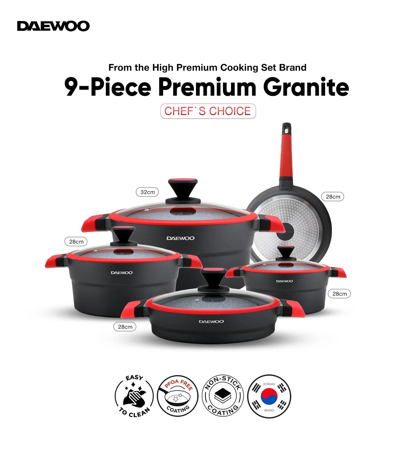 دايو طقم أواني طهي إكس سيريز جرانيت، 9 قطع (قدر 32, 28, 24 سم, مقلاة 28 سم, طاجن 28 سم) مع 2 قطعة ادوات مطبخ هدية