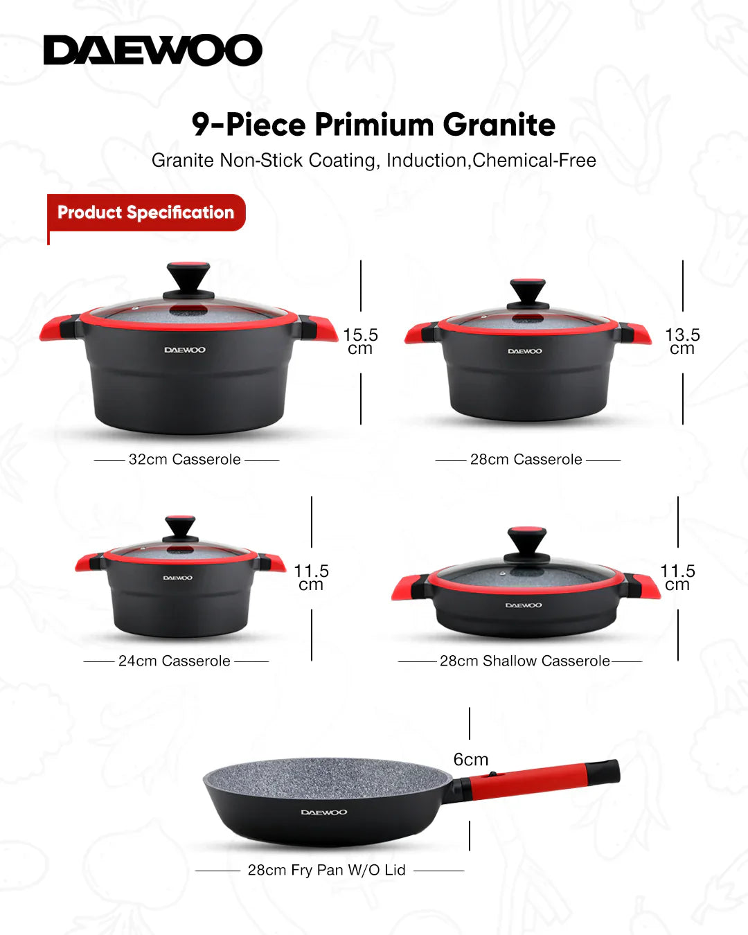 دايو طقم أواني طهي إكس سيريز جرانيت، 9 قطع (قدر 32, 28, 24 سم, مقلاة 28 سم, طاجن 28 سم) مع 2 قطعة ادوات مطبخ هدية