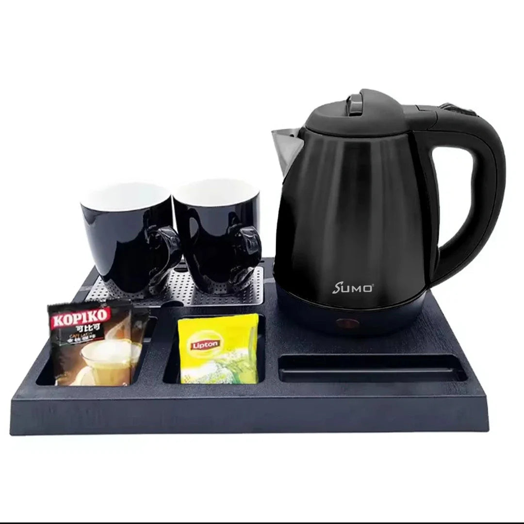 مجموعة غلاية فندقية من الفولاذ المقاوم للصدأ سعة 1.2 لتر مع قاعدة متعددة الوظائف