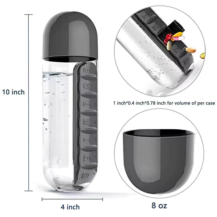 Organizer for pills and vitamins with a 600 ml water bottle