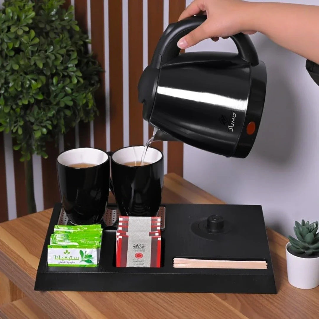 مجموعة غلاية فندقية من الفولاذ المقاوم للصدأ سعة 1.2 لتر مع قاعدة متعددة الوظائف