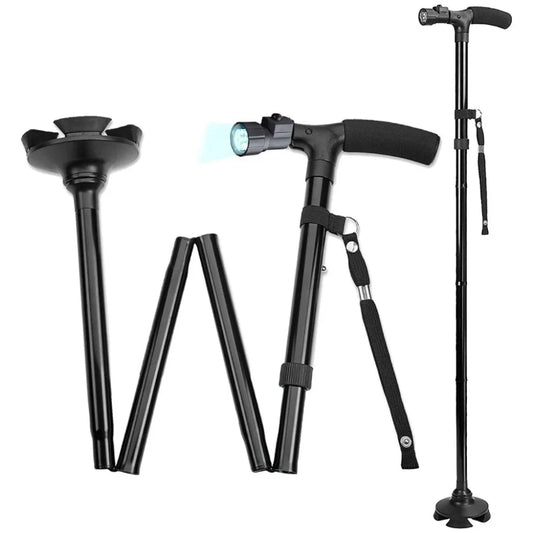 Get Foldable Elderly Walking Stick with LED Light, Collapsible Adjustable Crutch with Anti