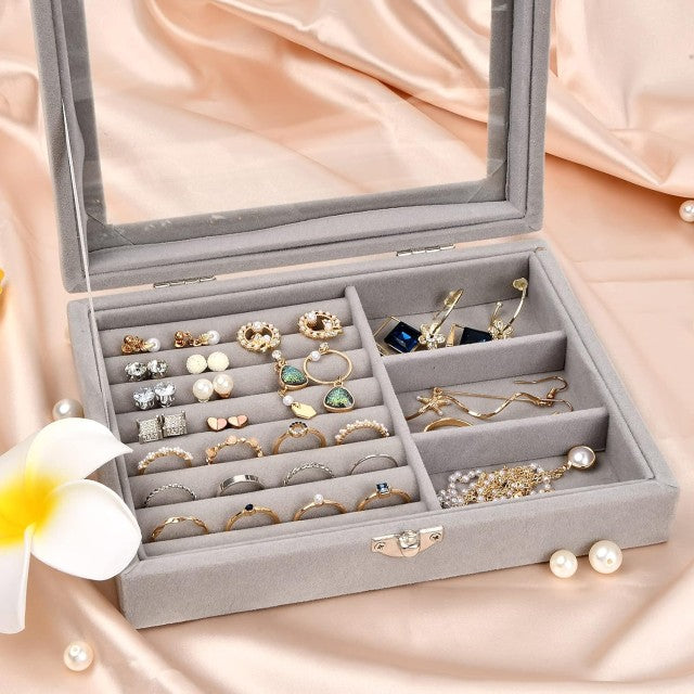 صندوق مجوهرات مخملي مع غطاء زجاجي وحافظة عرض مجوهرات