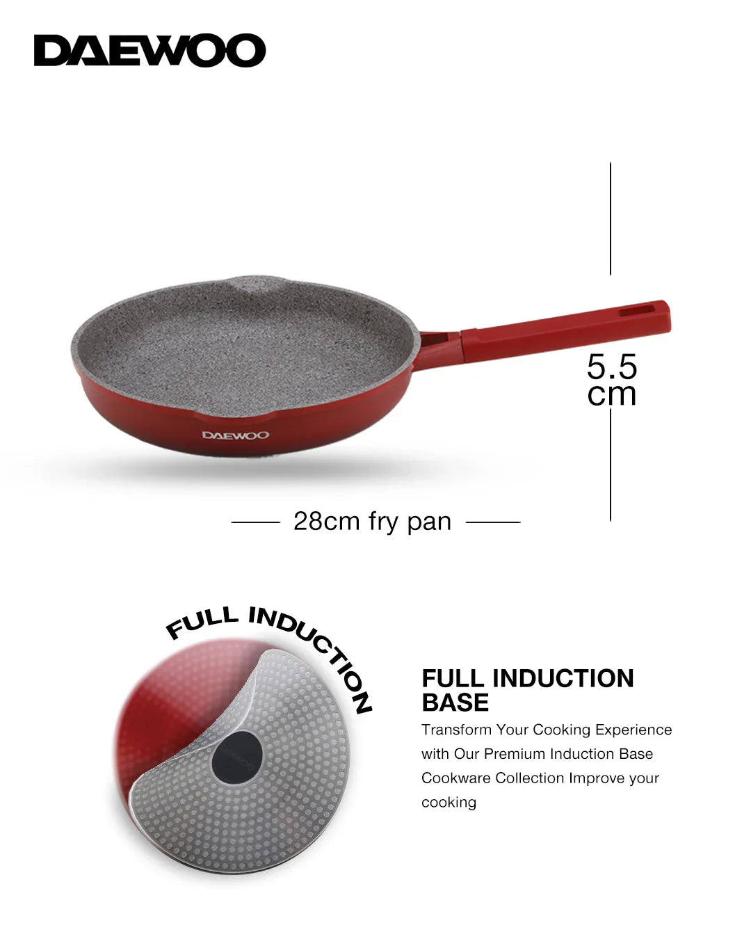 مقلاة دايو ٢٨ سم من الألومنيوم المصبوب - طلاء حجر الجرانيت غير اللاصق، قاعدة حثية كاملة، آمنة للاستخدام في الفرن، مقبض من الباكليت، لون أحمر، خالية من المواد الكيميائية - ٢.٥ لتر