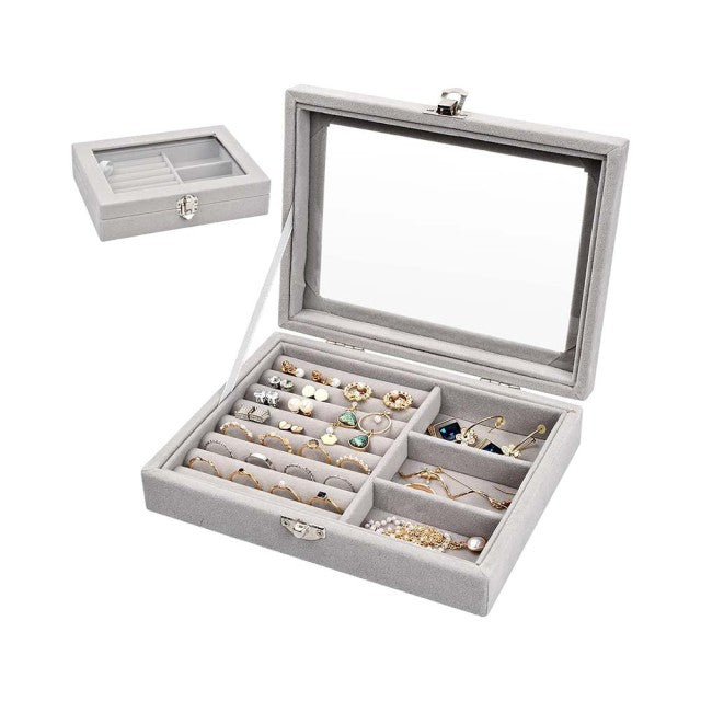 صندوق مجوهرات مخملي مع غطاء زجاجي وحافظة عرض مجوهرات