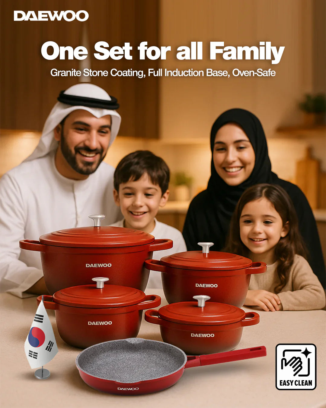 Daewoo Cast Aluminum 9-Piece Cookware Set (32cm Pot - 9.5L, 28cm Pot - 6.7L, 24cm Pot - 4.1L, 28cm Fry Pan - 2.5L, Red Shallow Casserole - 6.6L), 5-Layer Non-Stick Granite Coating, Silicone Utensils, Induction & Oven Safe, Chemical-Free