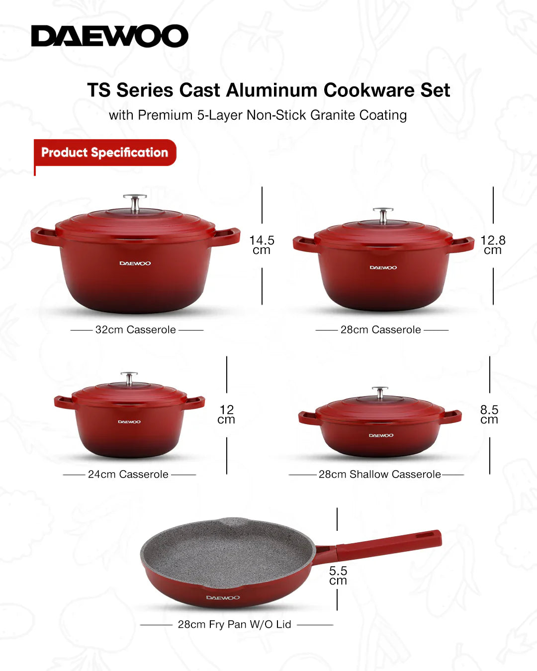 Daewoo Cast Aluminum 9-Piece Cookware Set (32cm Pot - 9.5L, 28cm Pot - 6.7L, 24cm Pot - 4.1L, 28cm Fry Pan - 2.5L, Red Shallow Casserole - 6.6L), 5-Layer Non-Stick Granite Coating, Silicone Utensils, Induction & Oven Safe, Chemical-Free