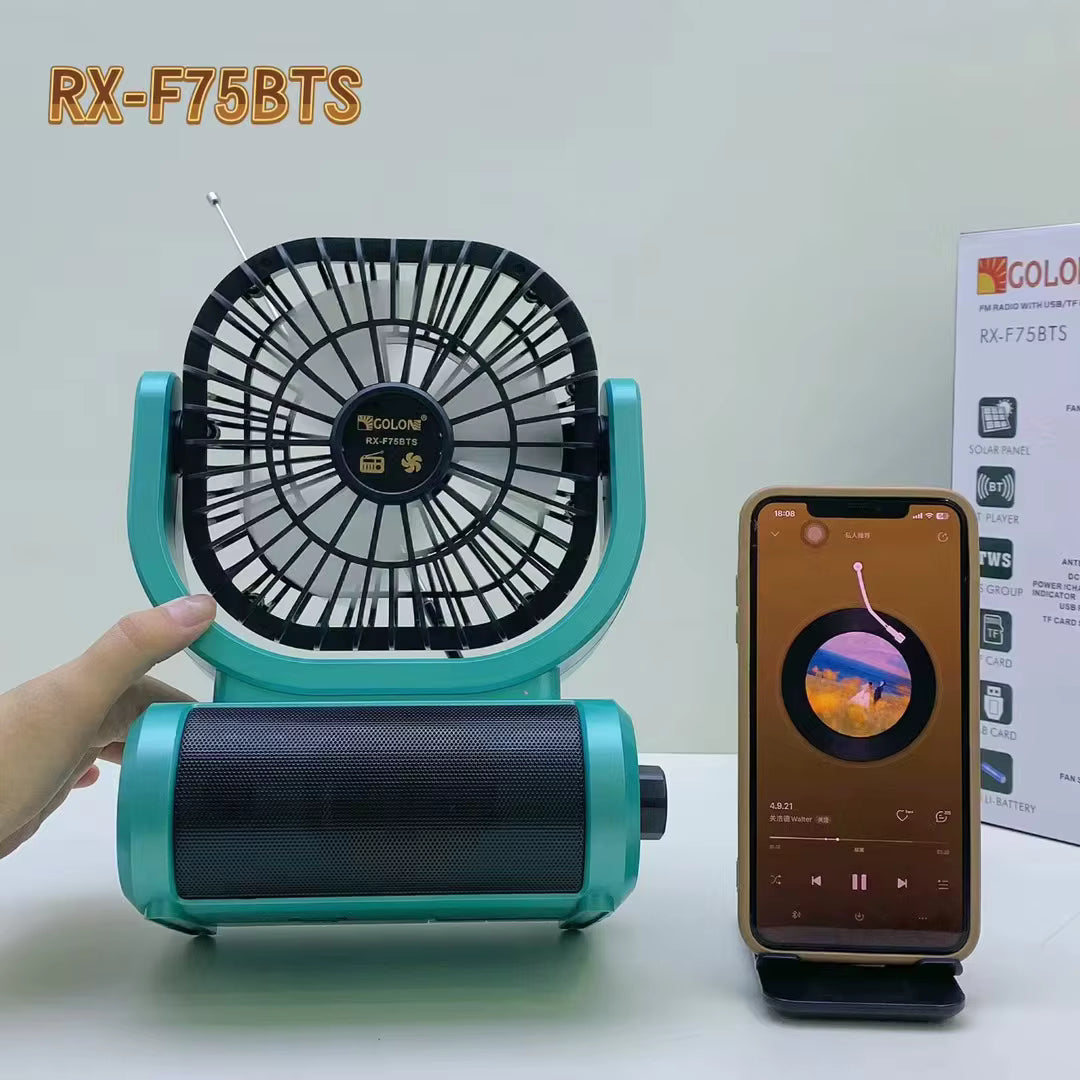 راديو ومروحة GOLON RX-F75BTS محمول مع بلوتوث وشحن شمسي