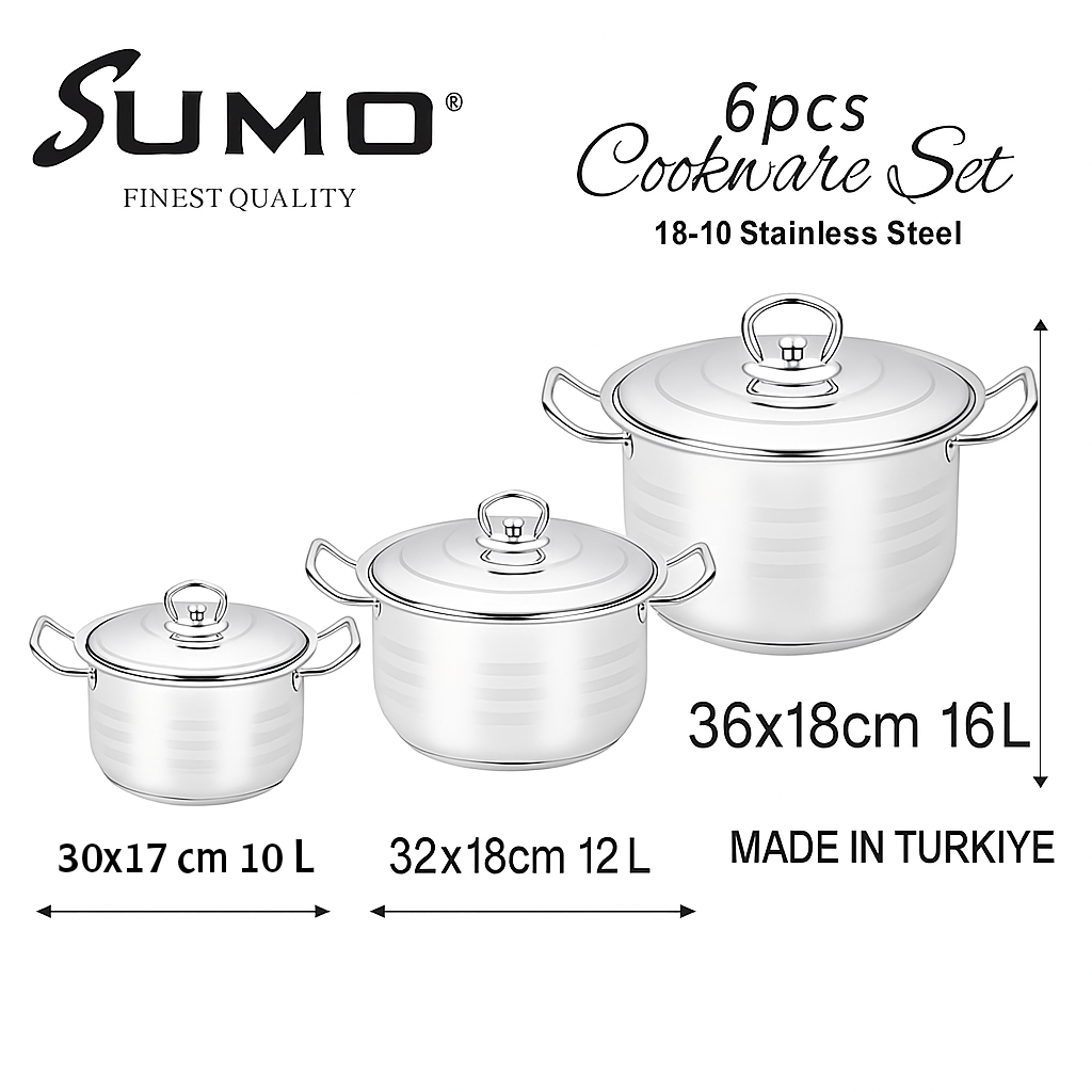 طقم أواني طهي سومو - جودة تركية فاخرة 🇹🇷 6 قطع | فولاذ مقاوم للصدأ 18/10 | الموديل: H1706