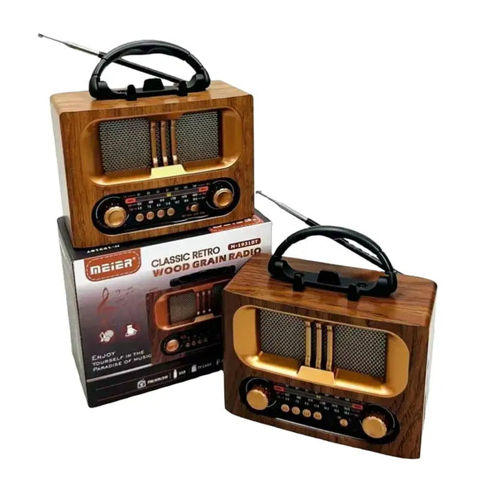 راديو ماير ريترو خشبي - بلوتوث، FM/AM/SW، USB، بطاقة TF، MP3، مدخل AUX - قابل لإعادة الشحن ببطارية 1200 مللي أمبير/ساعة وخيار طاقة مزدوج - مكبر صوت على الطراز القديم -