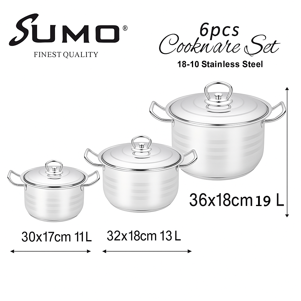 طقم أواني طهي سومو - جودة تركية فاخرة 🇹🇷
٦ قطع | ستانلس ستيل ١٨/١٠ | الموديل: H1706
