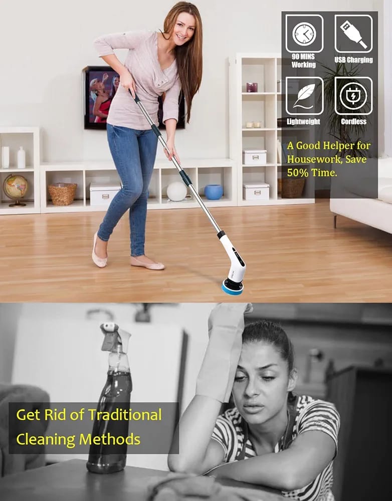 فرشاة التنظيف الدوارة متعددة الاستخدامات تعمل باللمس مع 5 رؤوس وعصا تمديد