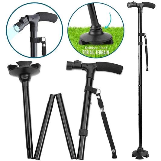 Get Foldable Elderly Walking Stick with LED Light, Collapsible Adjustable Crutch with Anti
