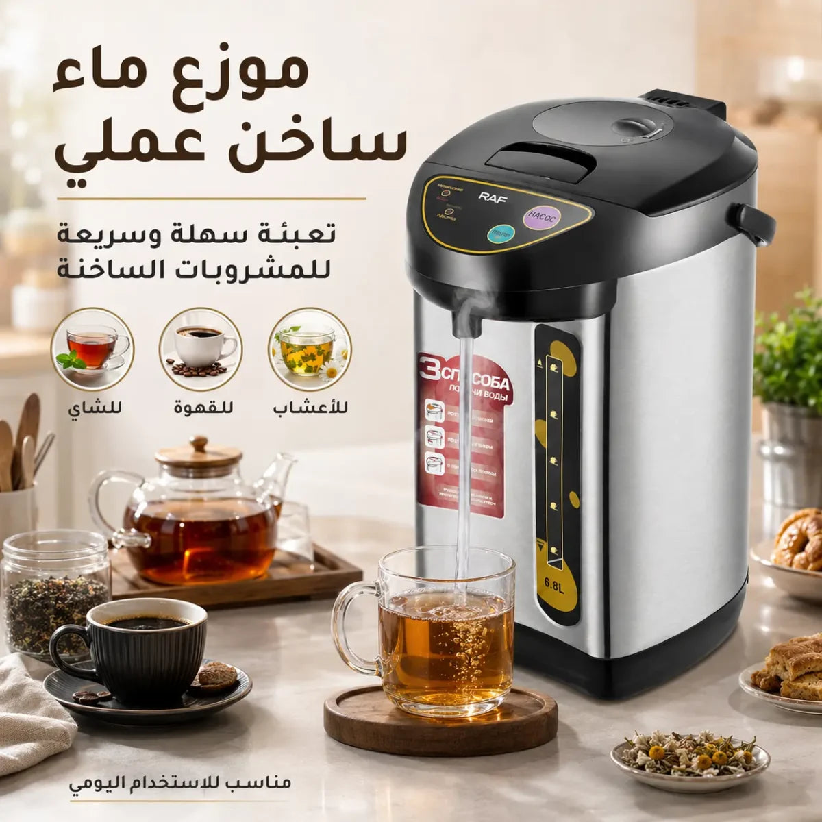 غلاية كهربائية ثرموستاتية 6.8 لتر بقوة 800 واط مع موزع ماء ساخن – RAF R.7905