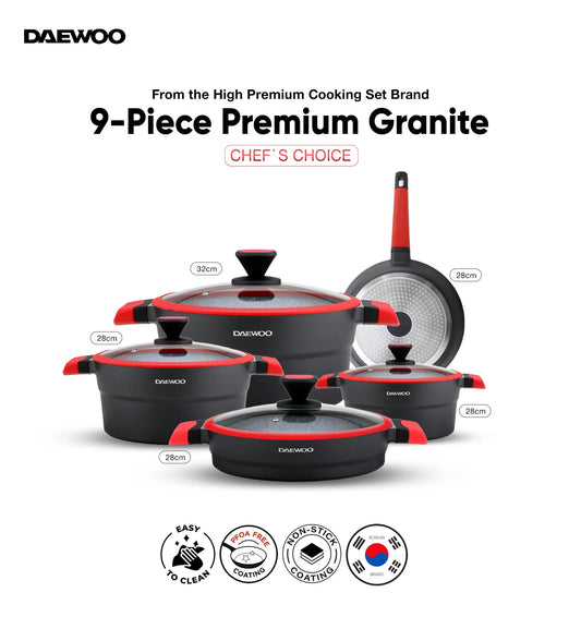 Daewoo 9-Piece X Series Cookware Set – Die-Cast Aluminum, Granite Non-Stick, Induction & Oven Safe – Black & Red