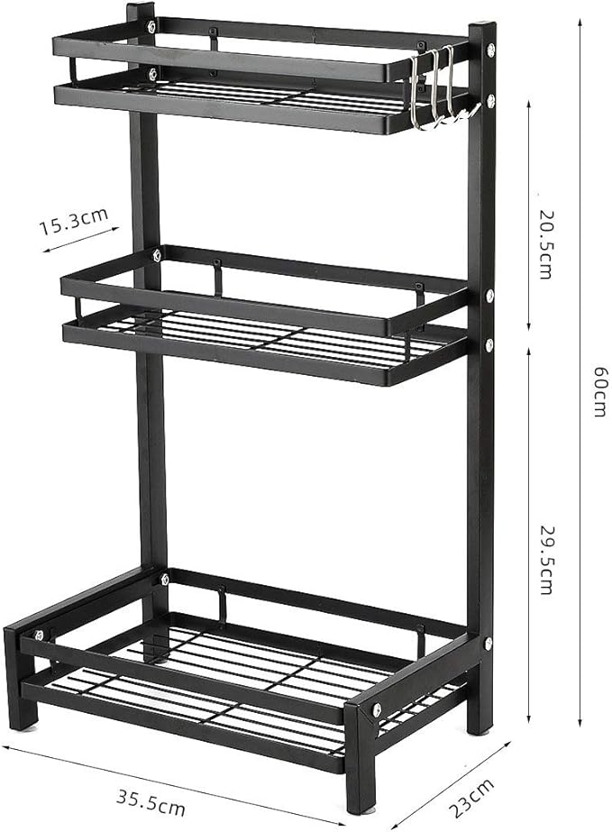 رف تخزين توابل 3 طبقات لرخامة المطبخ متعدد الطبقات للزيت والملح والصوص والخل والسكاكين، اسود، معدن