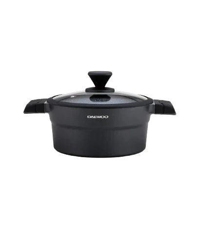 Daewoo 24cm Die-Cast Aluminum Pot – Non-Stick Granite Coating, Full Induction Base, Silicone Grip Handle with Soft-Touch Bakelite Core, Silicone Utensils & Pot Protectors, Black-Gray, Chemical-Free – 4.1L