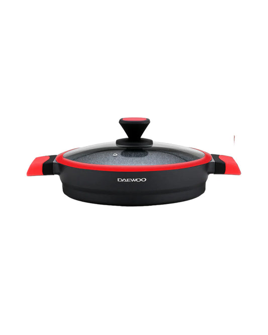 Daewoo 28cm Die-Cast Aluminum Shallow Casserole with Lid – Non-Stick Granite Coating, Full Induction Base, Dual-Color Silicone Grip Handle with Soft-Touch Bakelite Core, Silicone Utensils & Pot Protectors, Red-Black, Chemical-Free – 6.6L