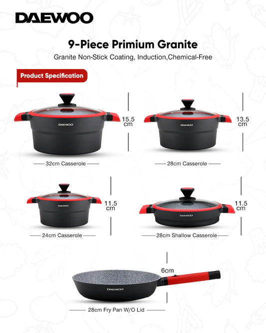 Daewoo 9-Piece X Series Cookware Set – Die-Cast Aluminum, Granite Non-Stick, Induction & Oven Safe – Black & Red