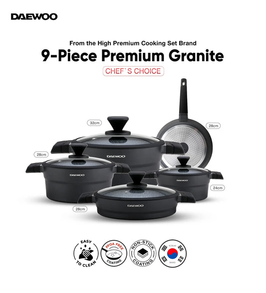 Daewoo 9-Piece Cookware Set – Die-Cast Aluminum, Granite Non-Stick Coating, Induction & Chemical-Free – 32cm (9.5L), 28cm (6.7L), 24cm (4.1L) Pots, 28cm Fry Pan with Removable Handle, 28cm Shallow Casserole, Black & Gray