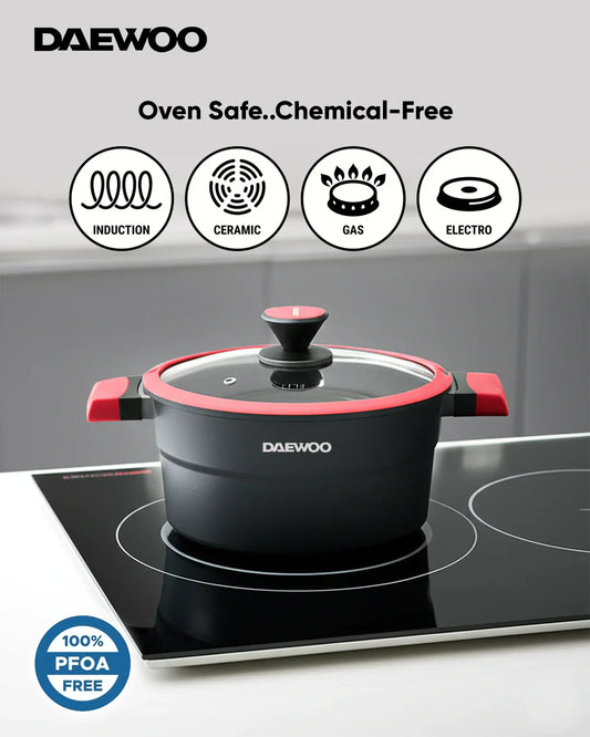 Daewoo 9-Piece X Series Cookware Set – Die-Cast Aluminum, Granite Non-Stick, Induction & Oven Safe – Black & Red