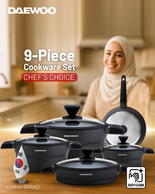 Daewoo 9-Piece Cookware Set – Die-Cast Aluminum, Granite Non-Stick Coating, Induction & Chemical-Free – 32cm (9.5L), 28cm (6.7L), 24cm (4.1L) Pots, 28cm Fry Pan with Removable Handle, 28cm Shallow Casserole, Black & Gray