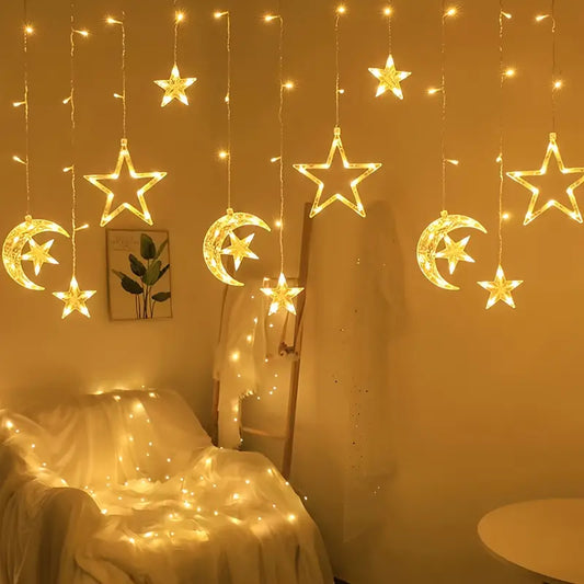 ستارة رمضان عصرية وعملية مع هلال ونجمة وإضاءة LED ومقبس طاقة (410 سم)