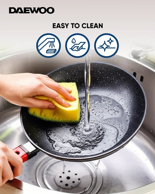 Daewoo 9-Piece Cookware Set – Die-Cast Aluminum, Granite Non-Stick Coating, Induction & Chemical-Free – 32cm (9.5L), 28cm (6.7L), 24cm (4.1L) Pots, 28cm Fry Pan with Removable Handle, 28cm Shallow Casserole, Black & Gray