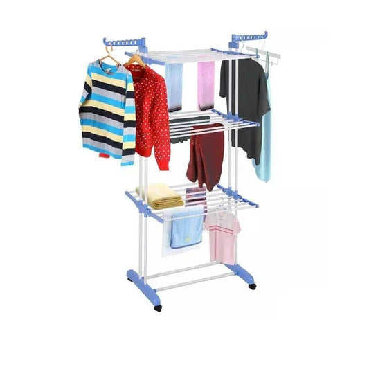 The Three Layer Clothes Rack Hanger with Wheels is easy to assemble and clean It is perfect for drying and hanging clothes indoor or outdoor.