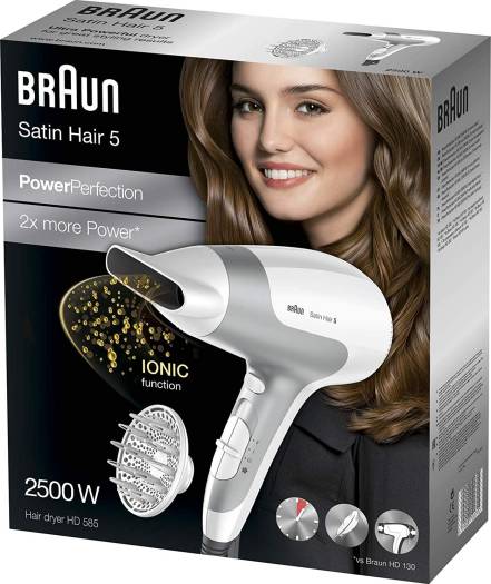 مجفف الشعر براون ساتين هير 5 باور بيرفيكشن 2500 واط مع الموزع (Braun Satin Hair 5 PowerPerfection Hair Dryer HD 585)