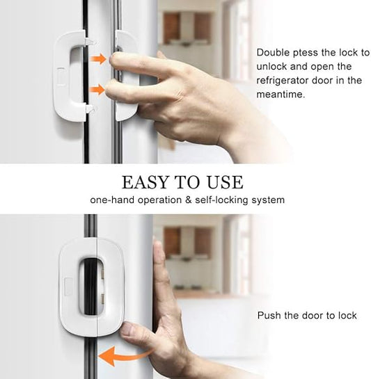 Refrigerator Lock, Upgrade Home Fridge Lock with Two Buttons, Toddler Baby Kids Safety Freezer Door Lock with Strong Adhesive, Refrigerator Locks for Children No Tools Need or Drill… (White)