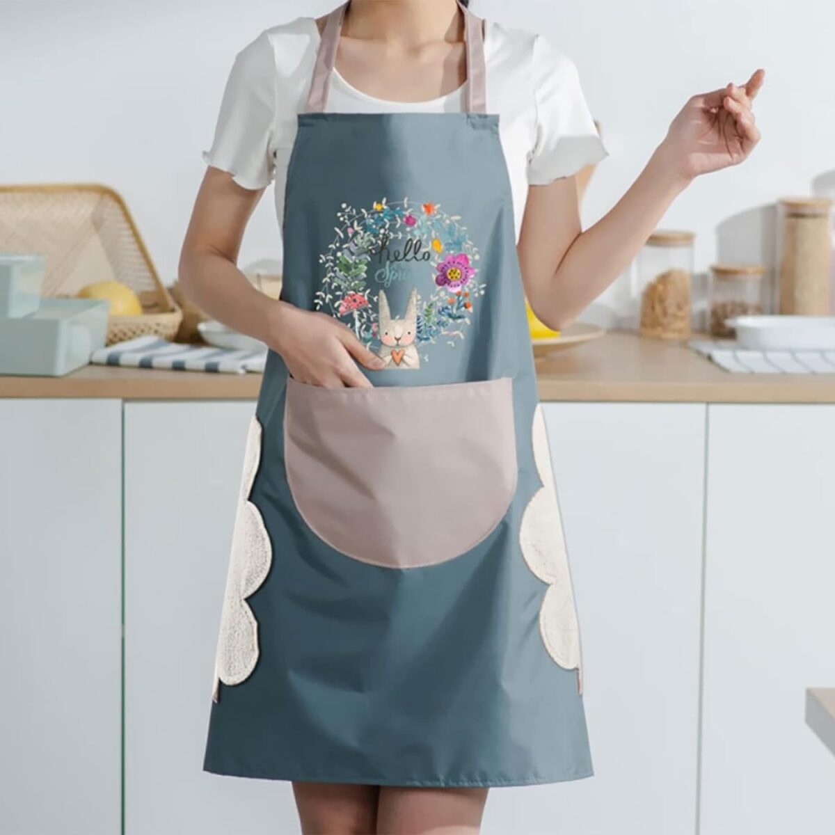 مريلة مطبخ مقاومة للماء مع جيب ومنطقة مسح يدوي