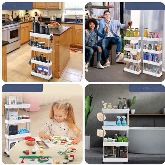 رفوف تخزين بلاستيكية بأربع طبقات مع عجلات