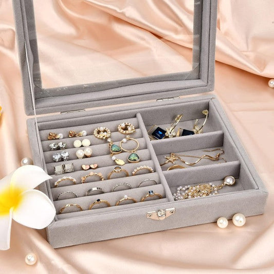 Velvet Jewellery Box Glass Lid Jewelry Display Case