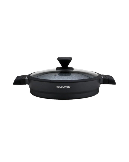 Daewoo 28cm Die-Cast Aluminum Shallow Casserole with Lid – Non-Stick Granite Coating, Full Induction Base, Dual-Color Silicone Grip Handle with Soft-Touch Bakelite Core, Silicone Utensils & Pot Protectors, Black-Gray, Chemical-Free – 6.6L