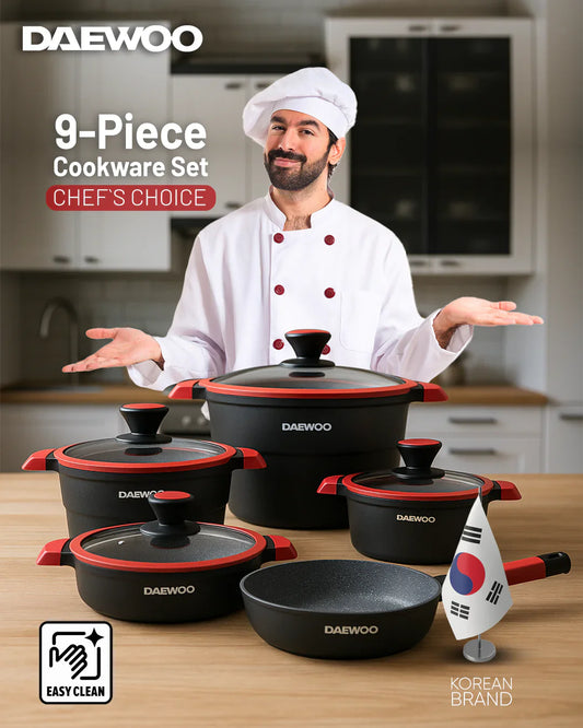 Daewoo 9-Piece X Series Cookware Set – Die-Cast Aluminum, Granite Non-Stick, Induction & Oven Safe – Black & Red