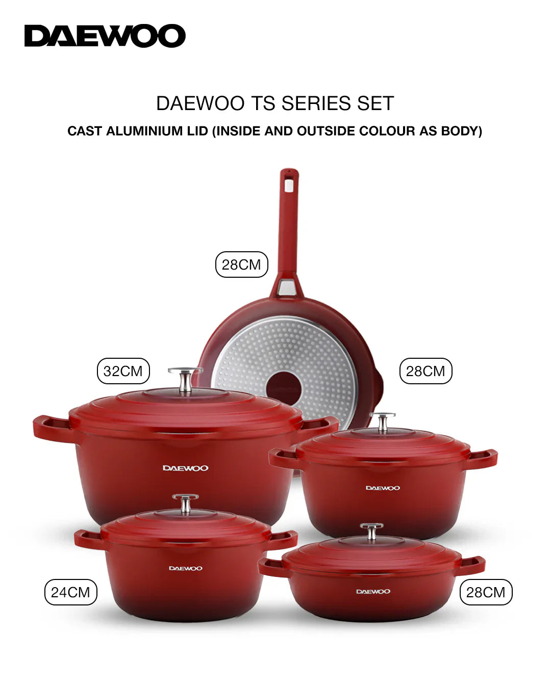 Daewoo Cast Aluminum 9-Piece Cookware Set (32cm Pot - 9.5L, 28cm Pot - 6.7L, 24cm Pot - 4.1L, 28cm Fry Pan - 2.5L, Red Shallow Casserole - 6.6L), 5-Layer Non-Stick Granite Coating, Silicone Utensils, Induction & Oven Safe, Chemical-Free