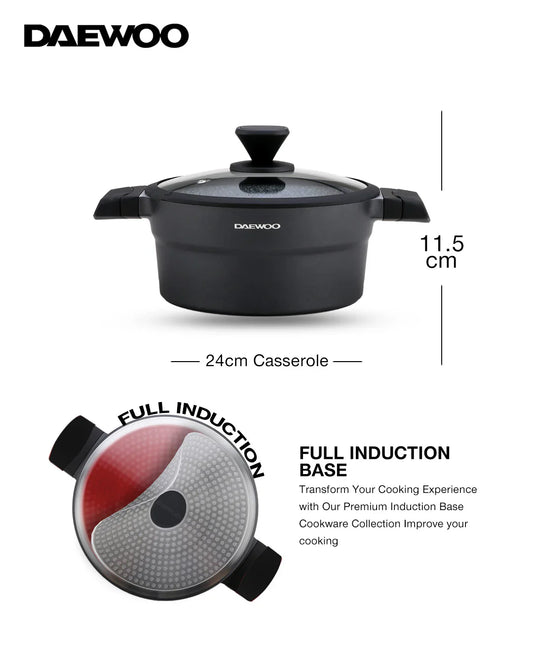 Daewoo 24cm Die-Cast Aluminum Pot – Non-Stick Granite Coating, Full Induction Base, Silicone Grip Handle with Soft-Touch Bakelite Core, Silicone Utensils & Pot Protectors, Black-Gray, Chemical-Free – 4.1L