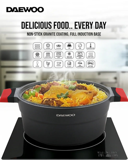 Daewoo 24cm Die-Cast Aluminum Pot – Non-Stick Granite Coating, Full Induction Base, Silicone Grip Handle with Soft-Touch Bakelite Core, Silicone Utensils & Pot Protectors, Black-Gray, Chemical-Free – 4.1L