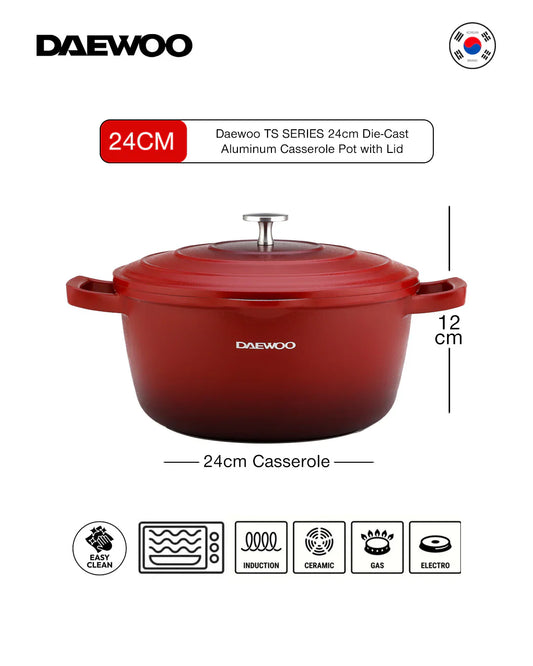 Daewoo 24cm Die-Cast Aluminum Casserole Pot with Lid – Non-Stick Granite Stone Coating, Full Induction Base, Oven-Safe, Chemical-Free, Red – 4.1L