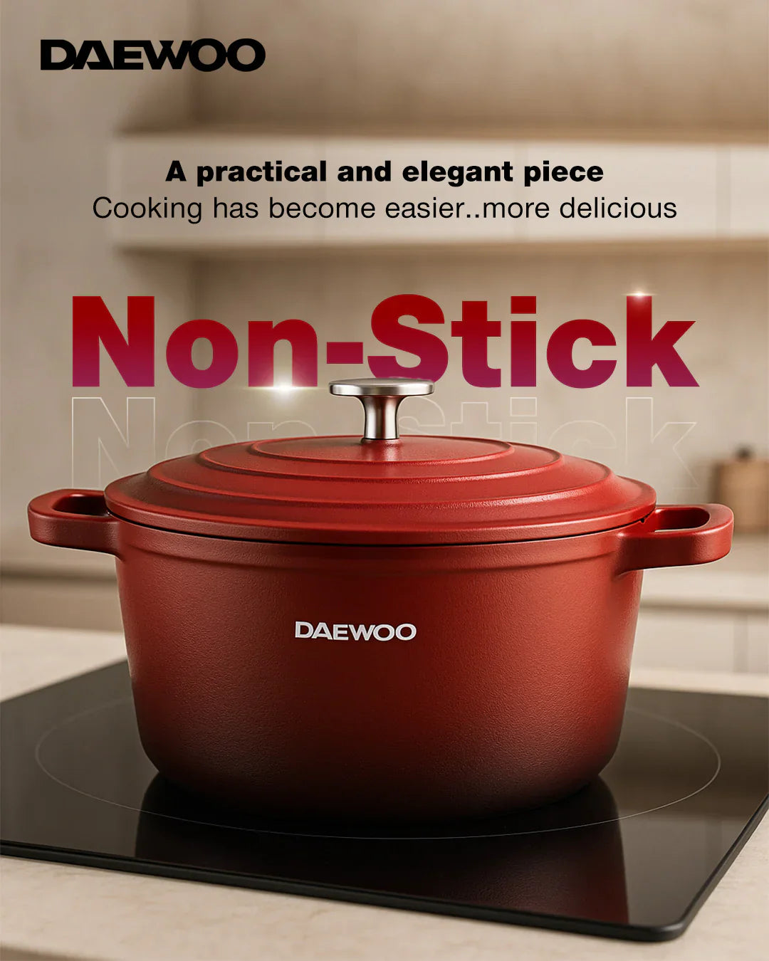 قدر دايو 24 سم من الألومنيوم المصبوب مع غطاء - طلاء حجر الجرانيت غير اللاصق، قاعدة حثية كاملة، آمن للاستخدام في الفرن، خالٍ من المواد الكيميائية، لون أحمر - 4.1 لتر