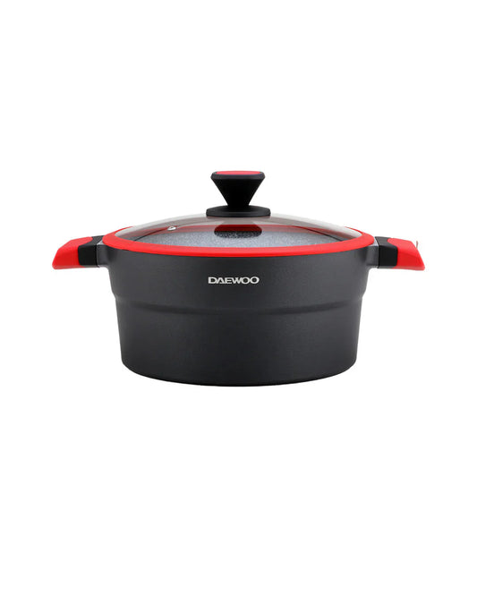 Daewoo 24cm Die-Cast Aluminum Pot – Non-Stick Granite Coating, Full Induction Base, Dual-Color Silicone Grip Handle with Soft-Touch Bakelite Core, Silicone Utensils & Pot Protectors, Red-Black, Chemical-Free – 4.1L