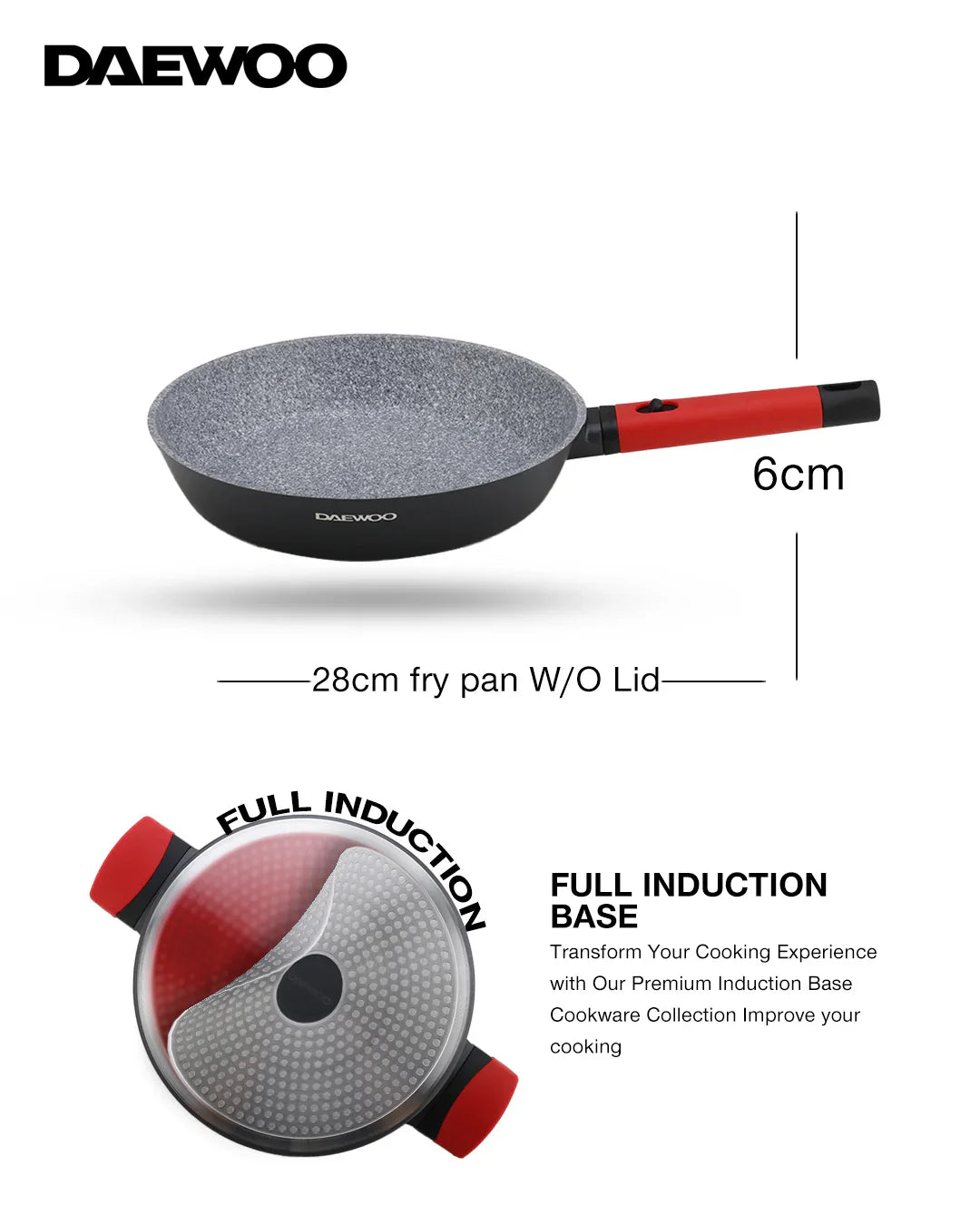 مقلاة دايو ٢٨ سم من الألومنيوم المصبوب - طلاء جرانيت غير لاصق، قاعدة تحريض كاملة، مقبض باكليت قابل للإزالة، أحمر-أسود، خالية من المواد الكيميائية - ٢.٥ لتر