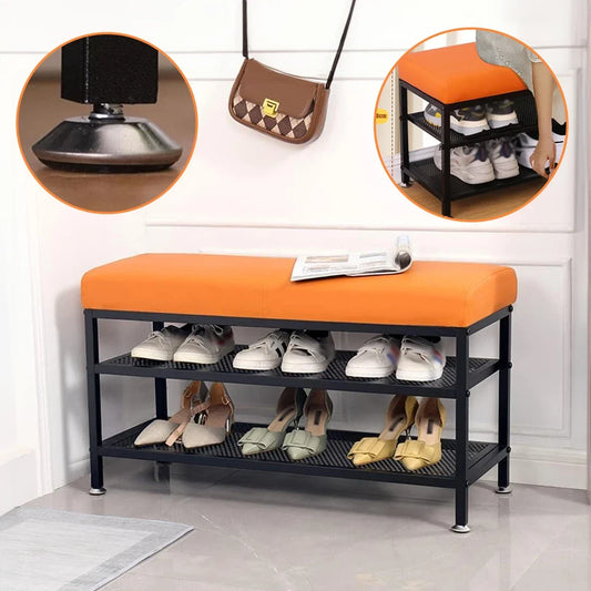 Bench with Cushioned Seat and Two Shelves for Shoe Storage