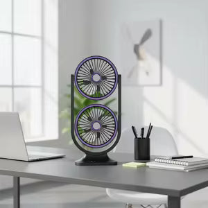 مروحة مكتبية لاسلكية مدمجة برأسين مزدوجين وقابلة للدوران – تبريد مضاعف بتصميم عصري