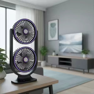 مروحة مكتبية لاسلكية مدمجة برأسين مزدوجين وقابلة للدوران – تبريد مضاعف بتصميم عصري