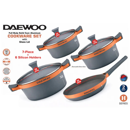 دايو طقم قدور جرانيت من سلسلة دايو H مكون من 9 قطع: قدر بأحجام 28، 24، 20 سم، ومقلاة بحجم 26 سم، بالإضافة إلى قطعتين من أدوات الطبخ